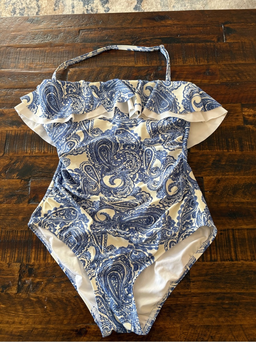 Tommy Hilfiger White One-Piece with Blue Paisley Print and Ruffle, Size 6